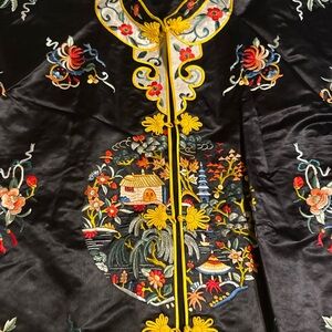 Embroidered Long Sleeve Dress - Black with Multicolor Floral Design